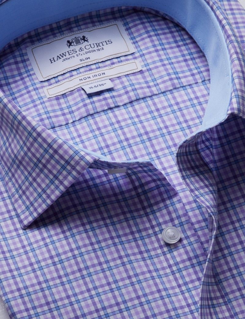 Slim Fit Blue & Purple Check Non-Iron Shirt - Contrast Detail