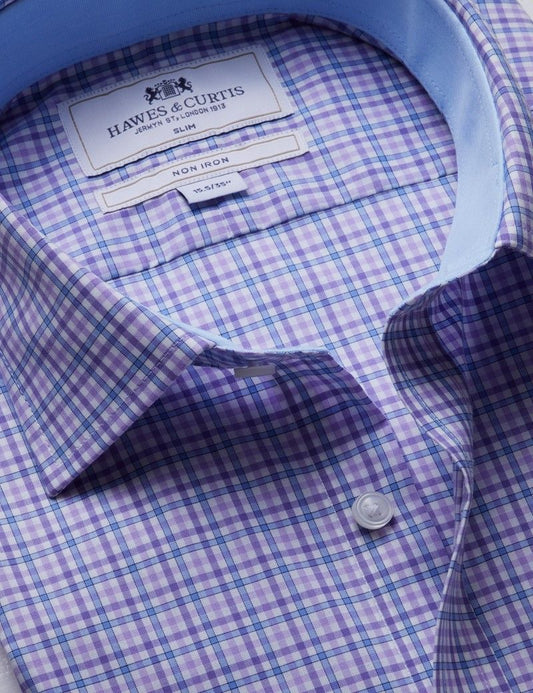 Slim Fit Blue & Purple Check Non-Iron Shirt - Contrast Detail