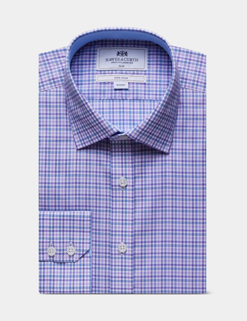 Slim Fit Blue & Purple Check Non-Iron Shirt - Contrast Detail