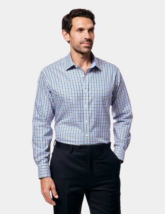 Slim Fit Blue & Brown Check Non-Iron Shirt - Contrast Detail
