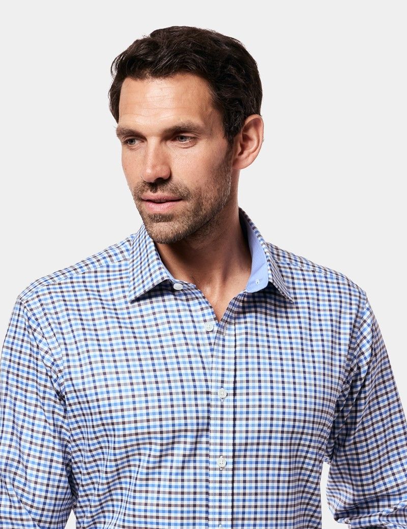 Slim Fit Blue & Brown Check Non-Iron Shirt - Contrast Detail