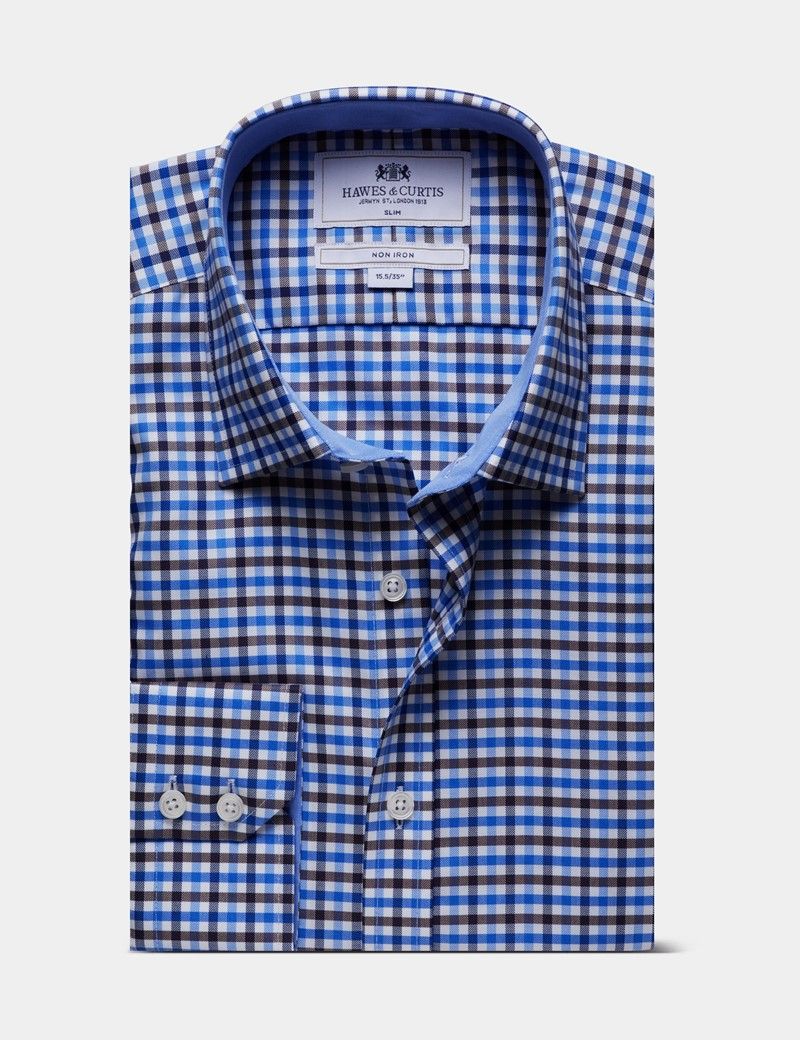 Slim Fit Blue & Brown Check Non-Iron Shirt - Contrast Detail