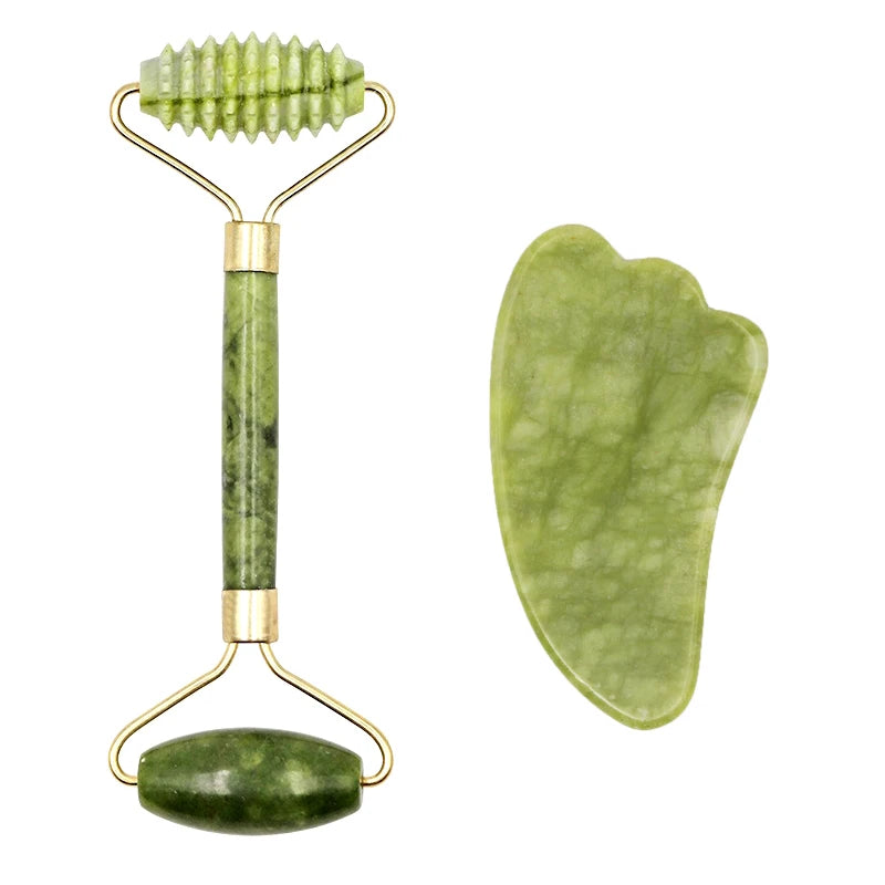 2pcs Gua Sha Massager Set for Face Care Jade Rollers Natural Stone Beauty - Interactive Group