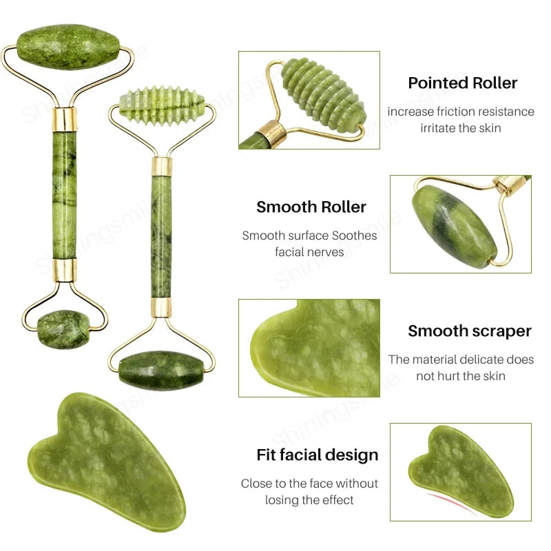 2pcs Gua Sha Massager Set for Face Care Jade Rollers Natural Stone Beauty - Interactive Group