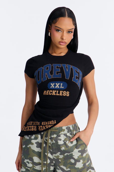Forever Reckless Asymmetrical Short Sleeve Tee - Black