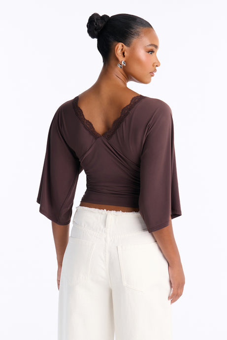 Brenda Lace Trim Short Sleeve Top - Chocolate