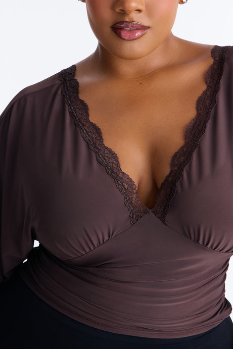 Brenda Lace Trim Short Sleeve Top - Chocolate