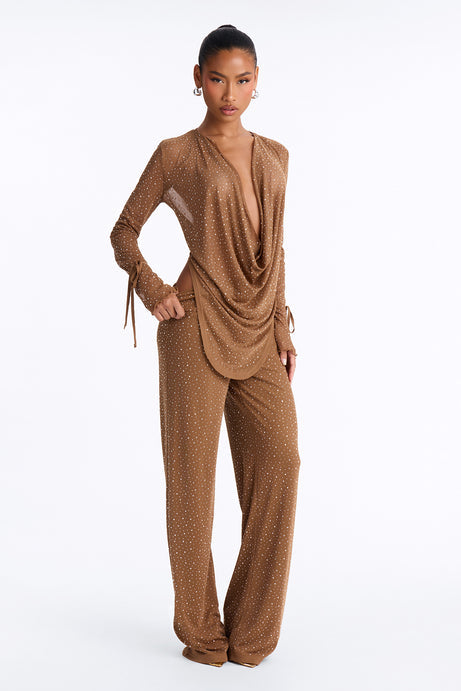 Silent Muse Rhinestone Cowl Neck Mesh Pant Set