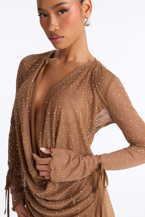 Silent Muse Rhinestone Cowl Neck Mesh Pant Set