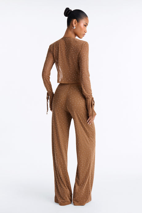 Silent Muse Rhinestone Cowl Neck Mesh Pant Set