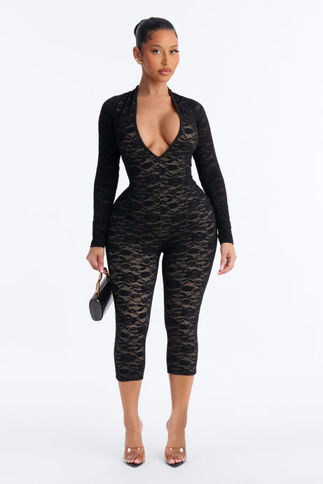 Midnight Strolls Long Sleeve Lace Capri Jumpsuit - Black