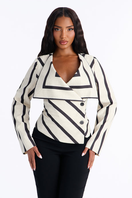 Florence Fitted Oversized Collar Striped Blazer - Natural/Combo