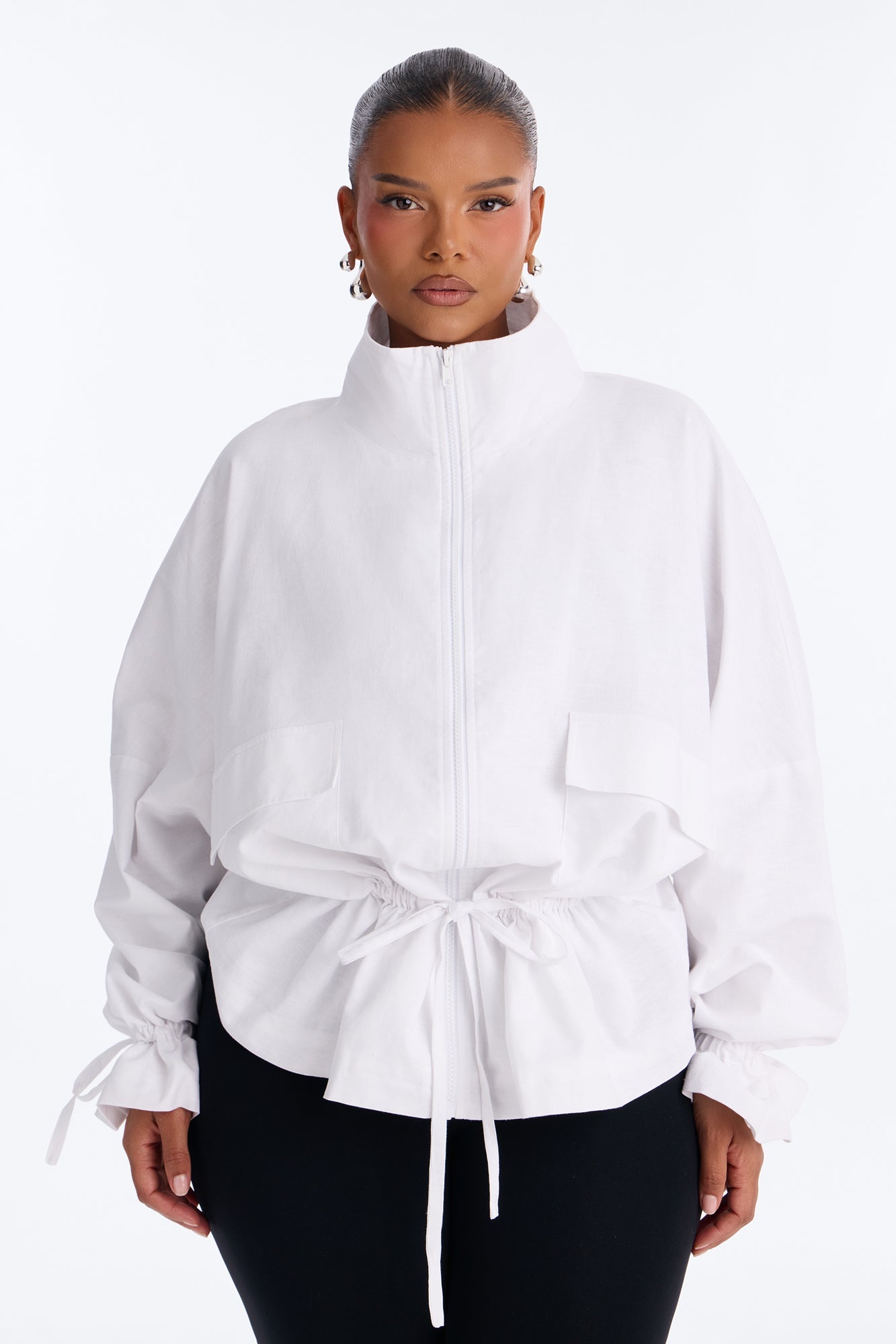 Effortless Linen Funnel Neck Anorak Jacket - White