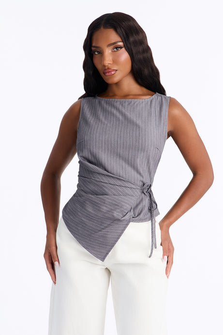 Harper Tie Waist Pinstripe Blouse - Charcoal/combo
