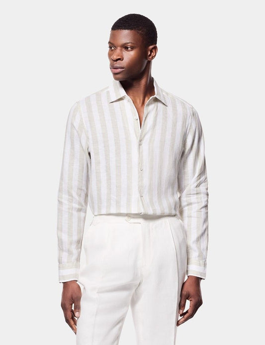 Sage Green & White Wide Stripe Linen Shirt