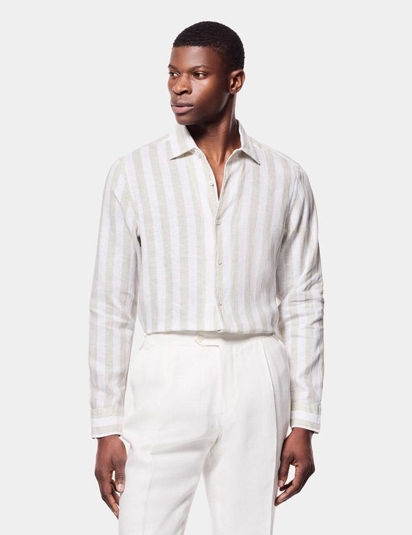 Sage Green & White Wide Stripe Linen Shirt