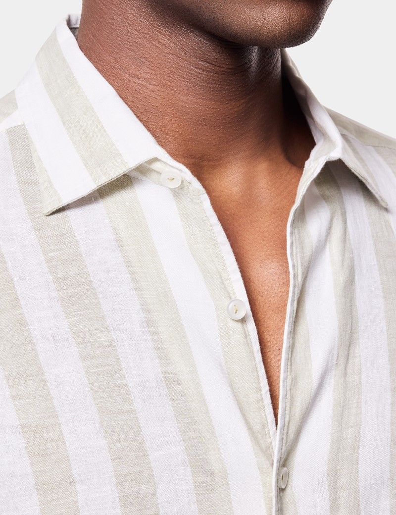 Sage Green & White Wide Stripe Linen Shirt