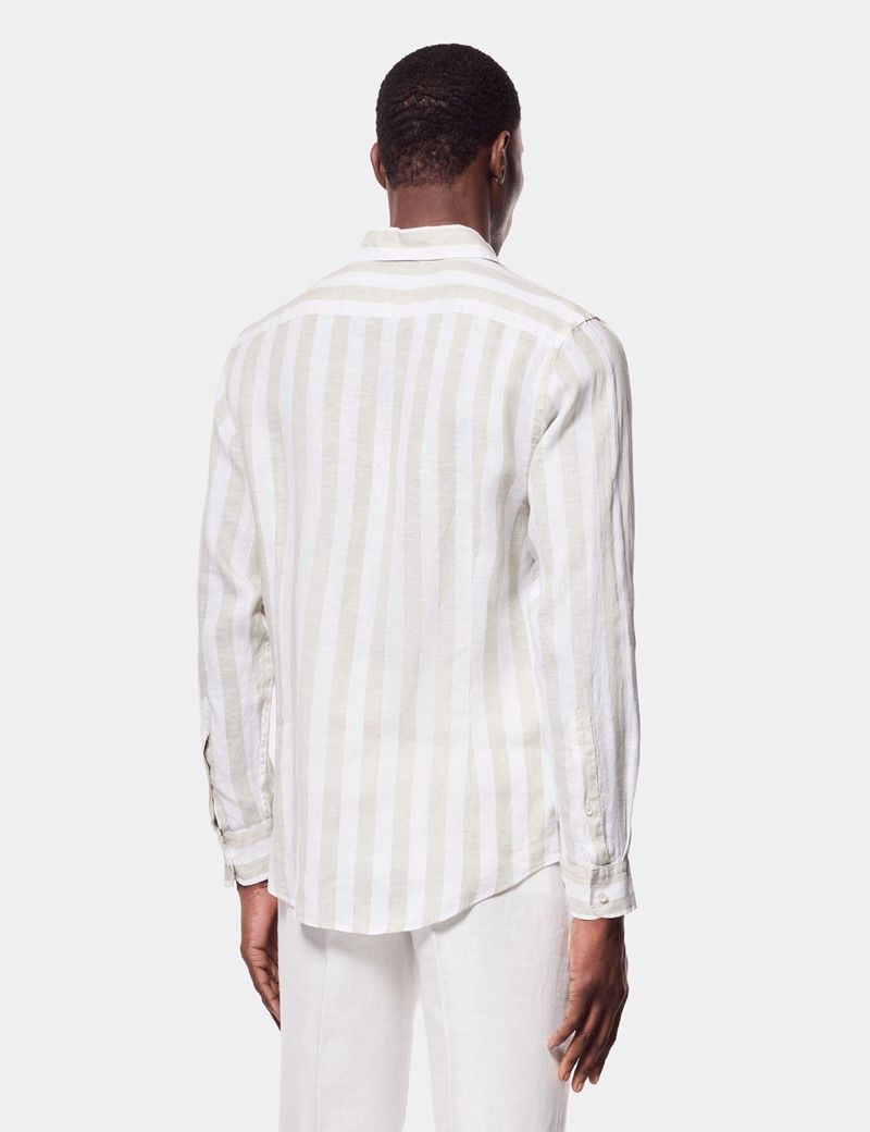 Sage Green & White Wide Stripe Linen Shirt