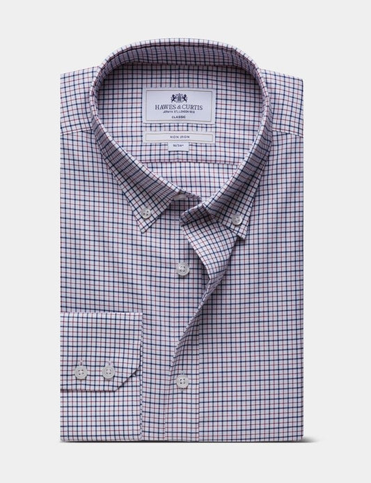 Classic Fit Navy & Red Multi Check Non-Iron Oxford Shirt