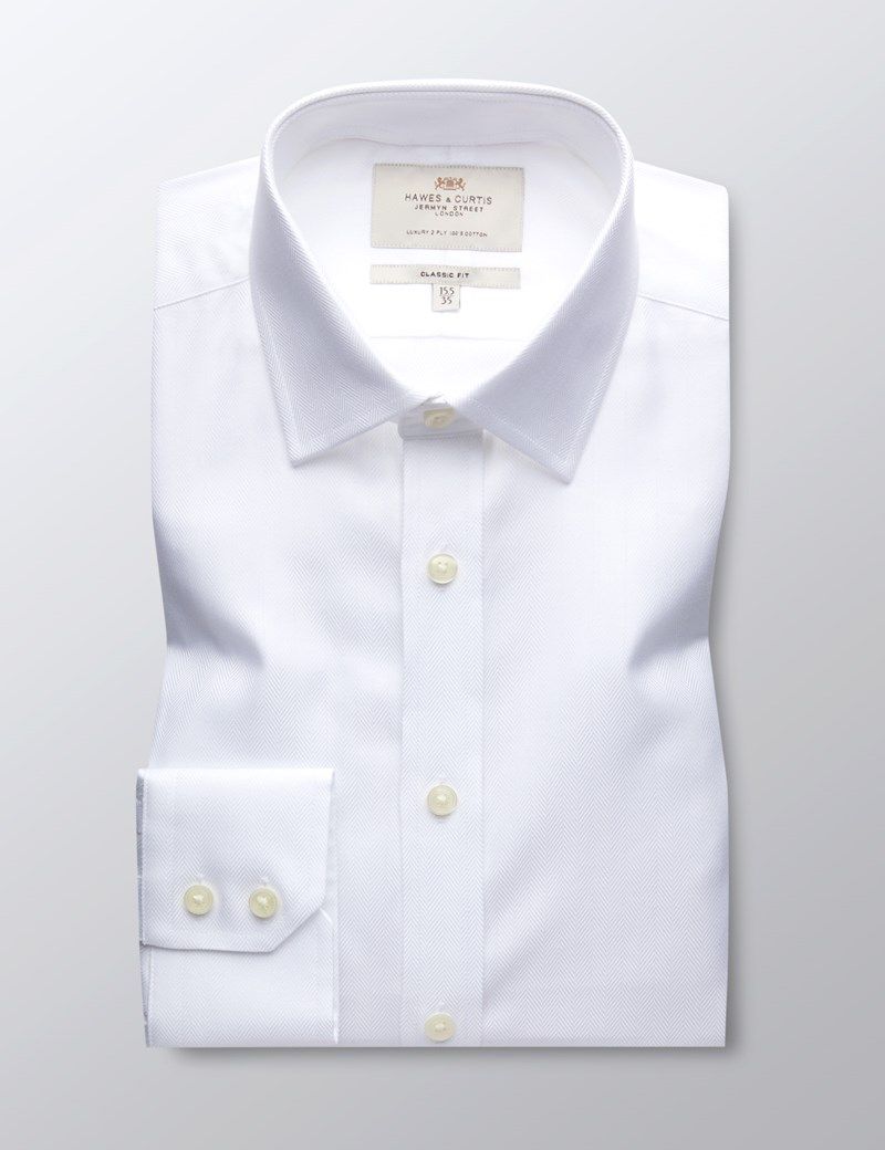 Classic Fit White Herringbone Shirt