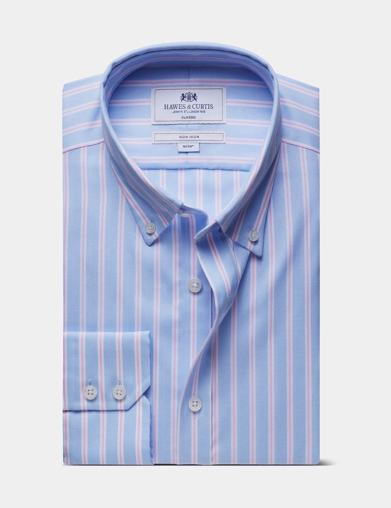 Classic Fit Blue & Pink Bold Stripe Pin Point Non-Iron Oxford Shirt