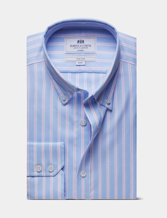 Classic Fit Blue & Pink Bold Stripe Pin Point Non-Iron Oxford Shirt