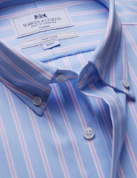 Classic Fit Blue & Pink Bold Stripe Pin Point Non-Iron Oxford Shirt