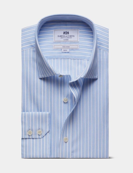 Classic Fit Blue & White Guarded Stripe Non-Iron Shirt