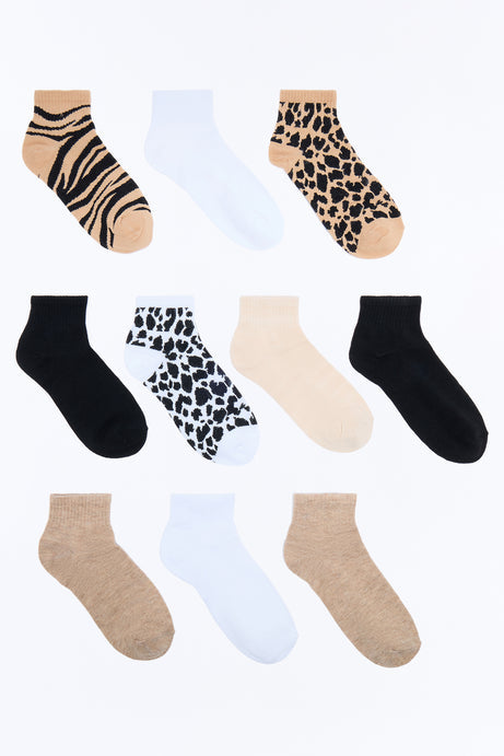 10 Pack Wild Animal Quarter Length Socks - Brown/combo