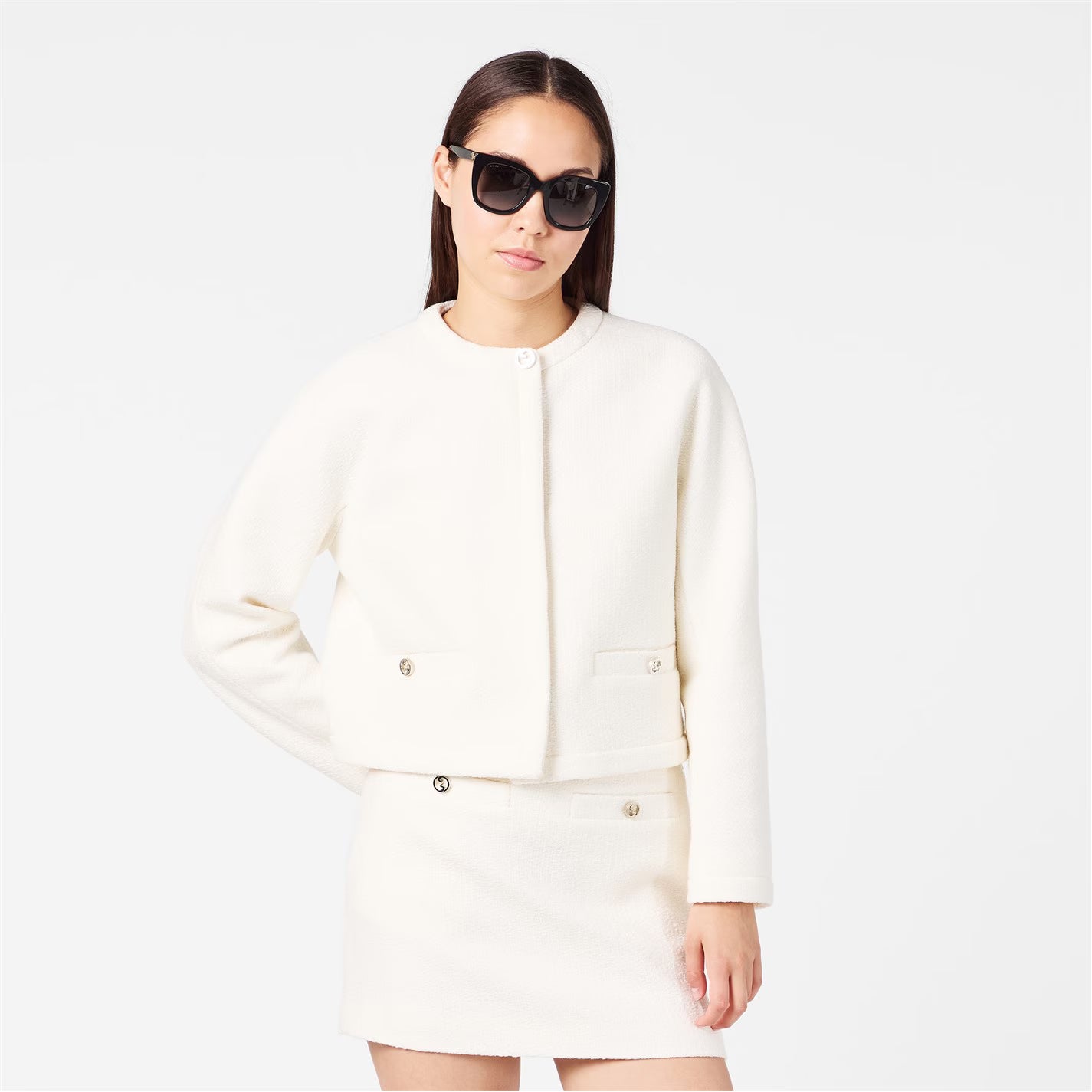 Women's Wool Bouclv© Collarless Long Sleeve Overcoat