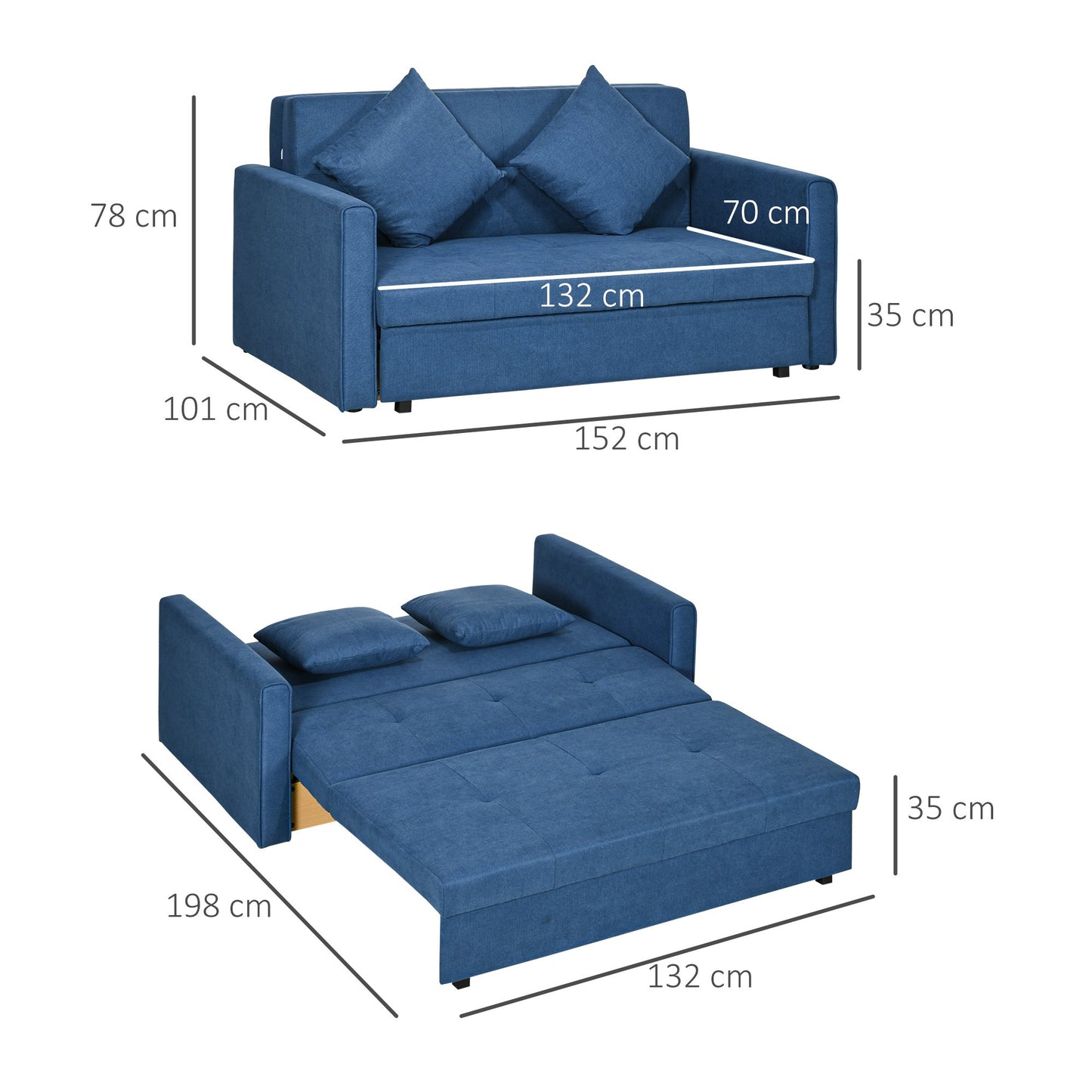HOMCOM 2 Seater Modern Sofa Bed with Hidden Storage - Blue