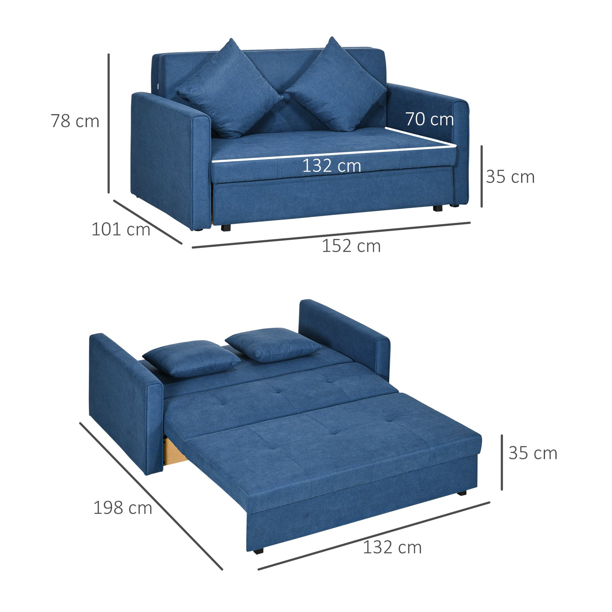 HOMCOM 2 Seater Modern Sofa Bed with Hidden Storage - Blue