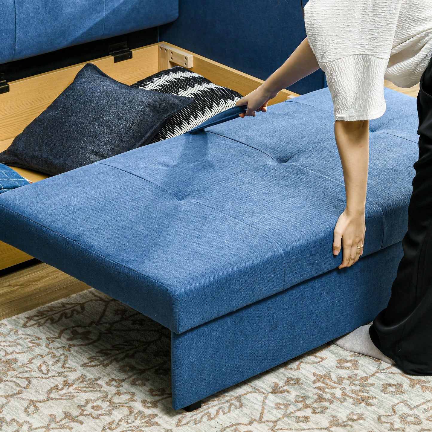 HOMCOM 2 Seater Modern Sofa Bed with Hidden Storage - Blue