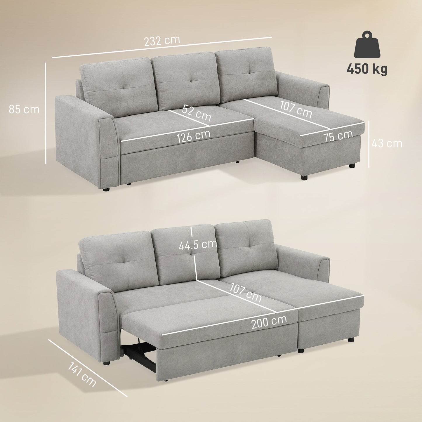 HOMCOM 3 Seater L Shaped Sofa Bed for Living Room - Grey