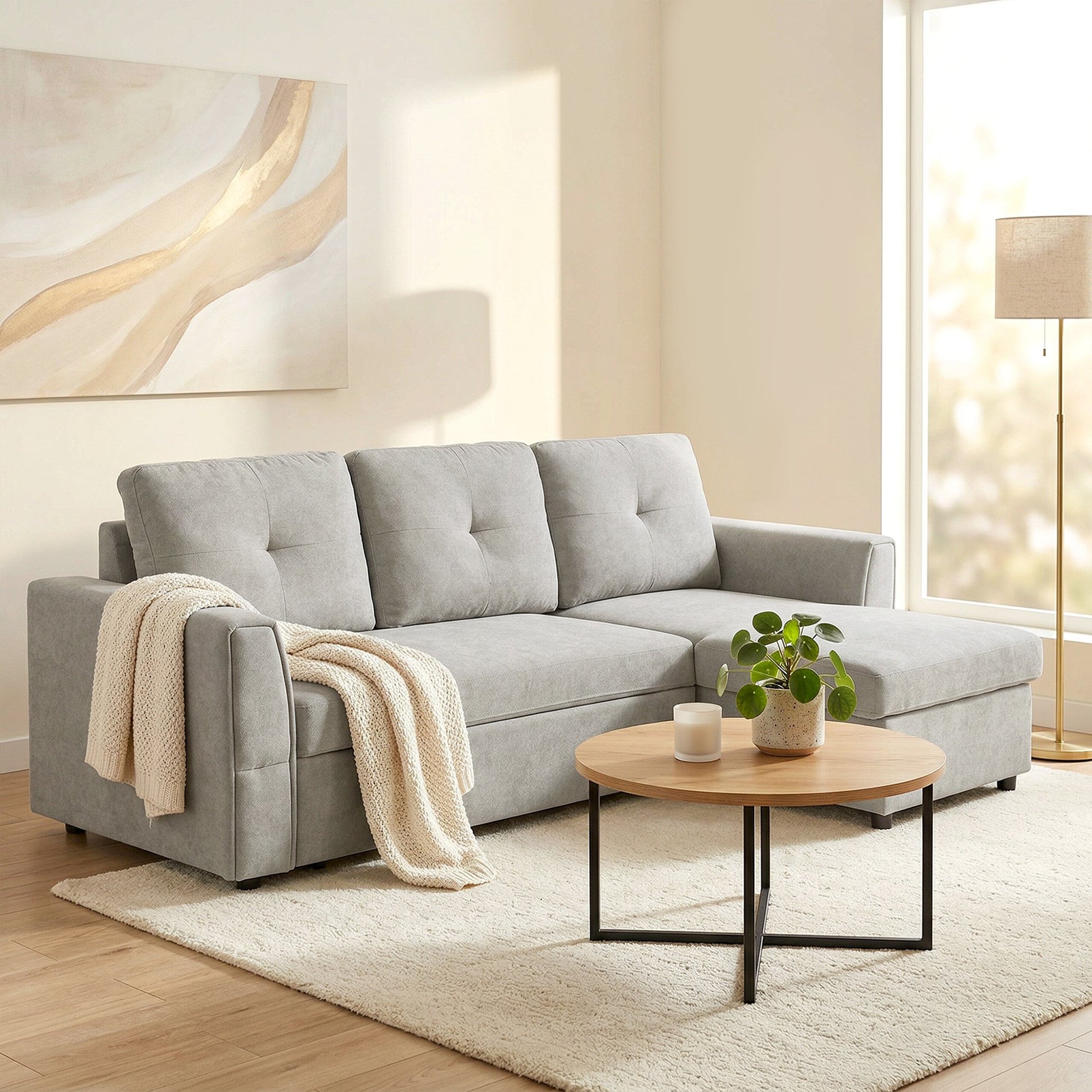 HOMCOM 3 Seater L Shaped Sofa Bed for Living Room - Grey
