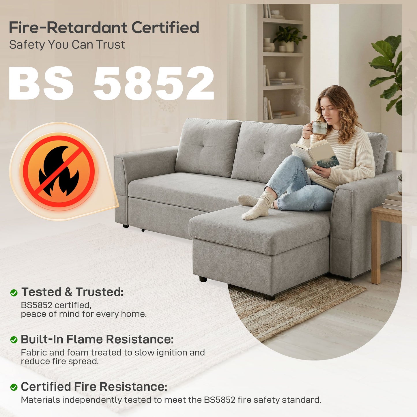HOMCOM 3 Seater L Shaped Sofa Bed for Living Room - Grey