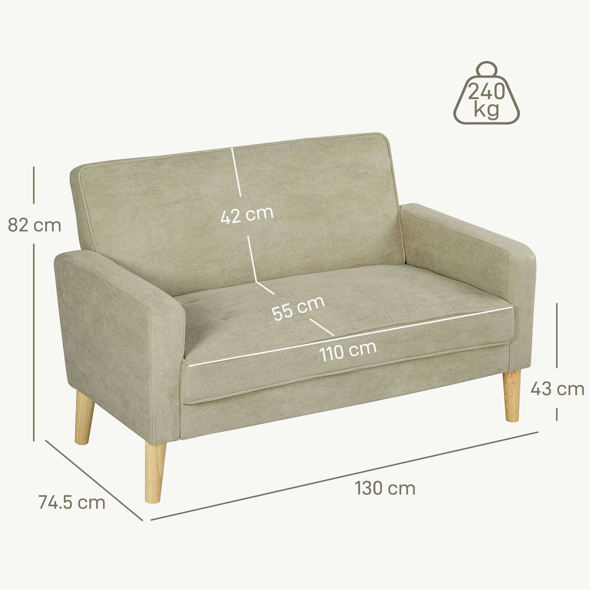 HOMCOM 2 Seater Velvet Modern Sofa with Rubber Wood Legs - Beige