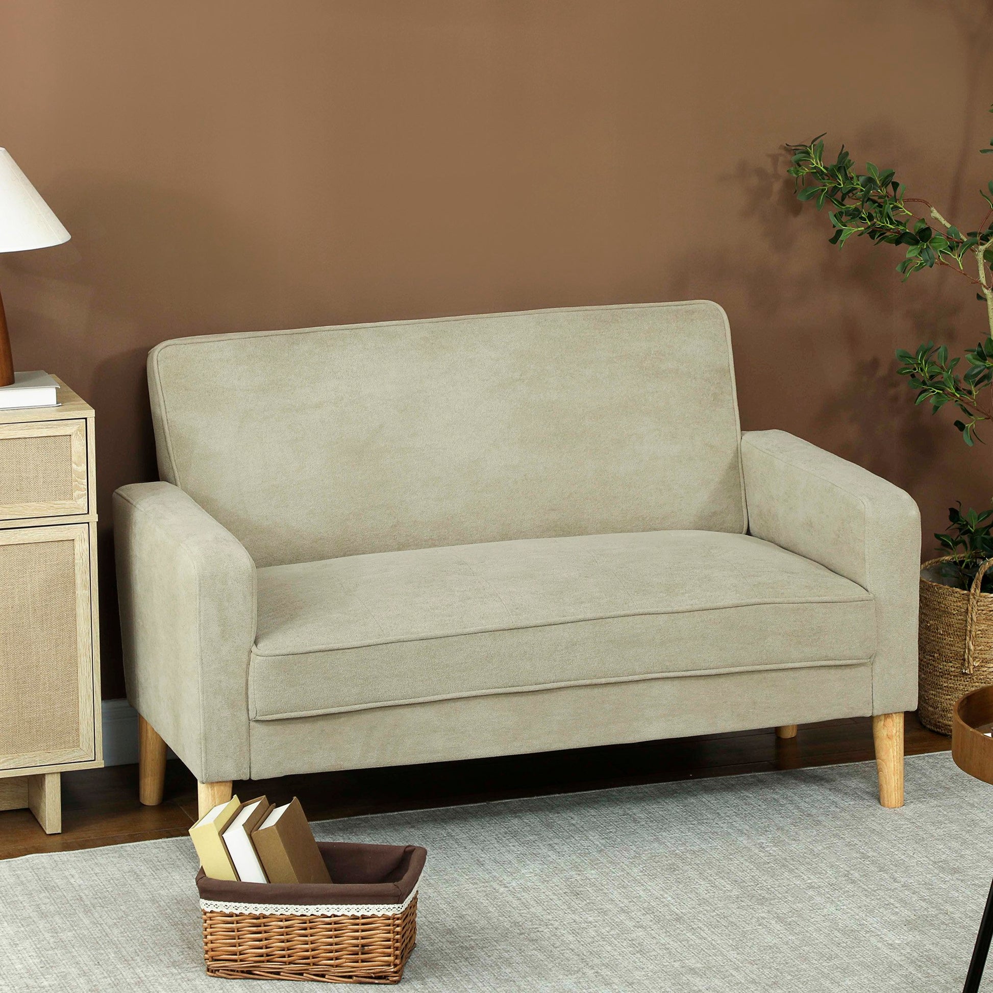 HOMCOM 2 Seater Velvet Modern Sofa with Rubber Wood Legs - Beige