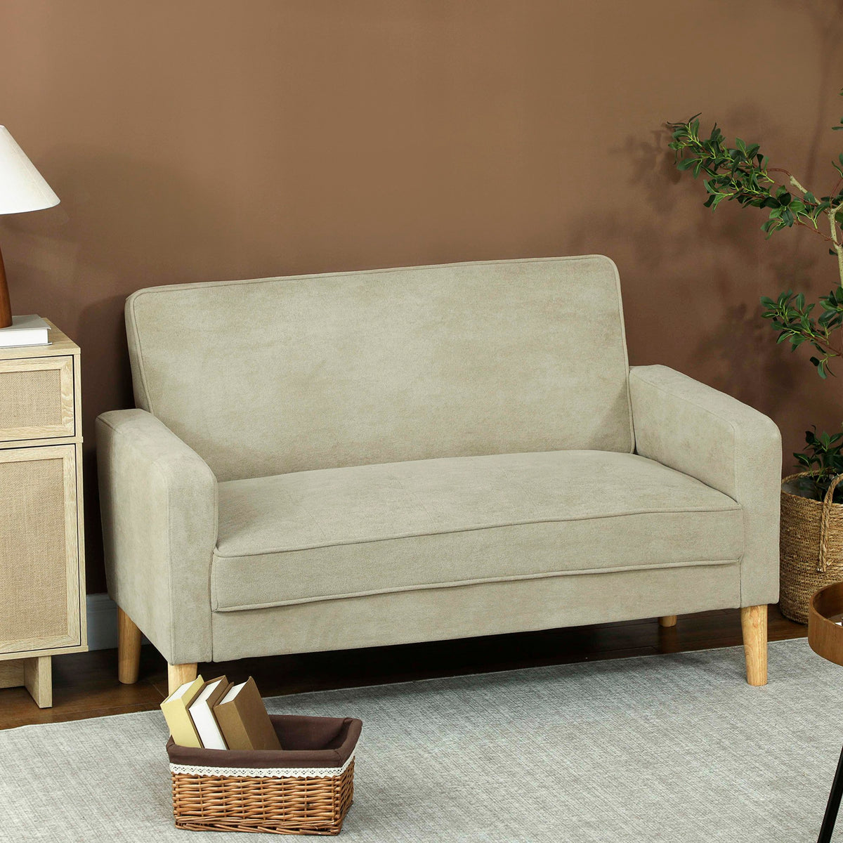 HOMCOM 2 Seater Velvet Modern Sofa with Rubber Wood Legs - Beige