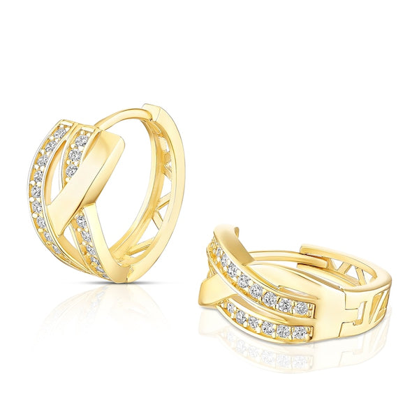 9ct Yellow Gold 3 Row Cubic Zirconia Twisted Huggie Hoop Earrings