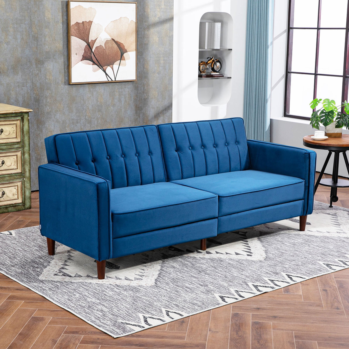 HOMCOM 3 Seater Velvet Reclining Button Tufted Sofa Bed - Blue