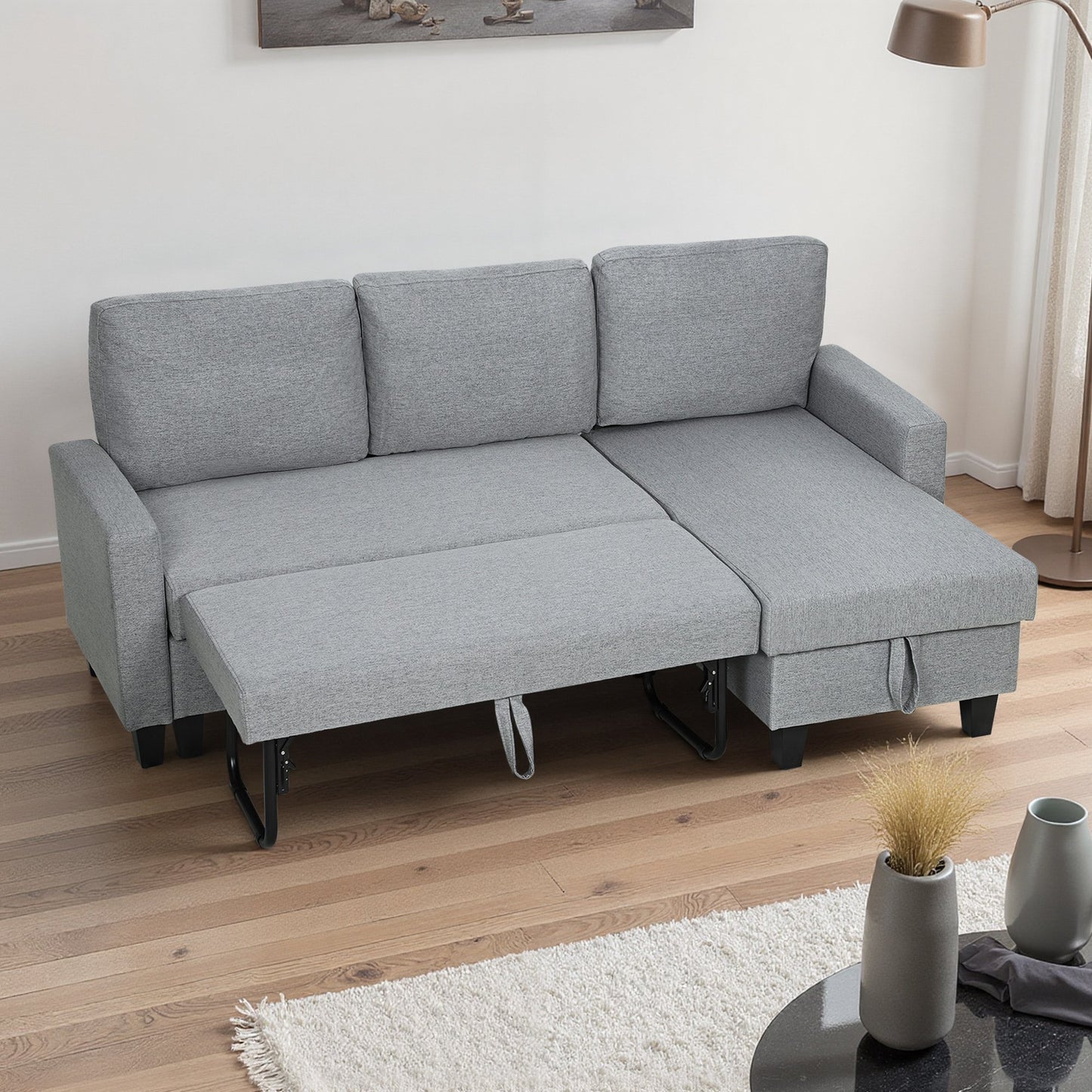 HOMCOM 3 Seater Linen Fabric Corner Sofa Bed - Grey