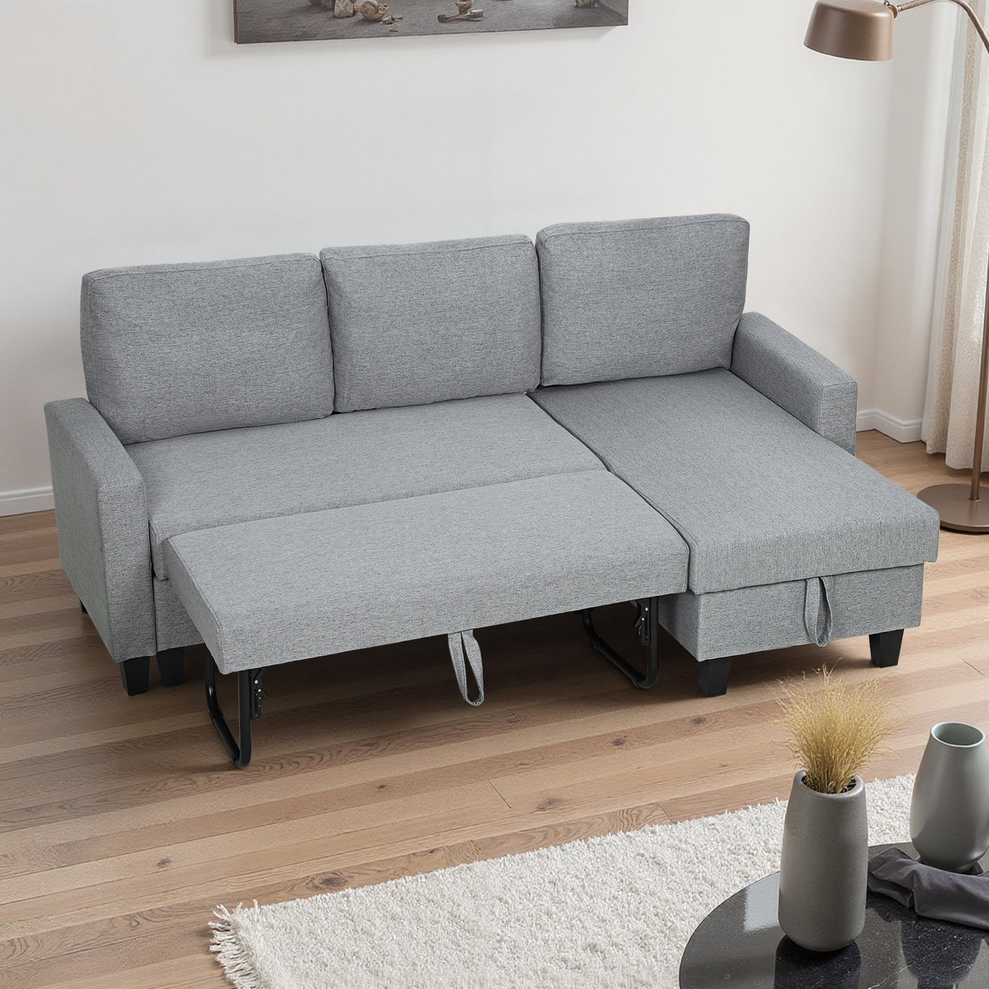 HOMCOM 3 Seater Linen Fabric Corner Sofa Bed - Grey