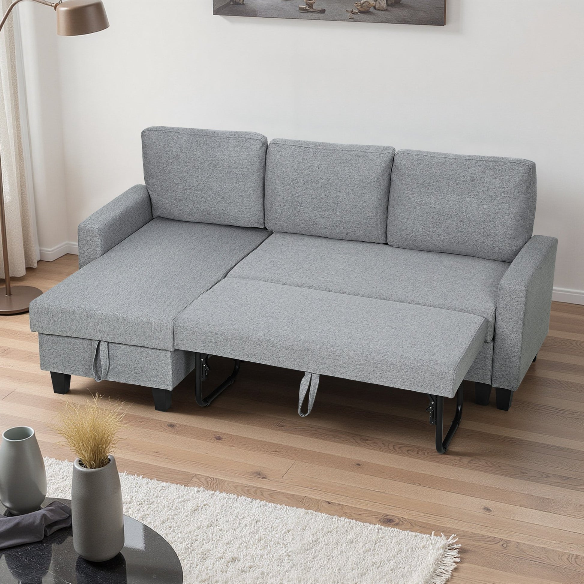 HOMCOM 3 Seater Linen Fabric Corner Sofa Bed - Grey