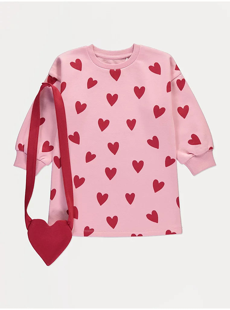 Pink Heart Sweatshirt Dress with Bag