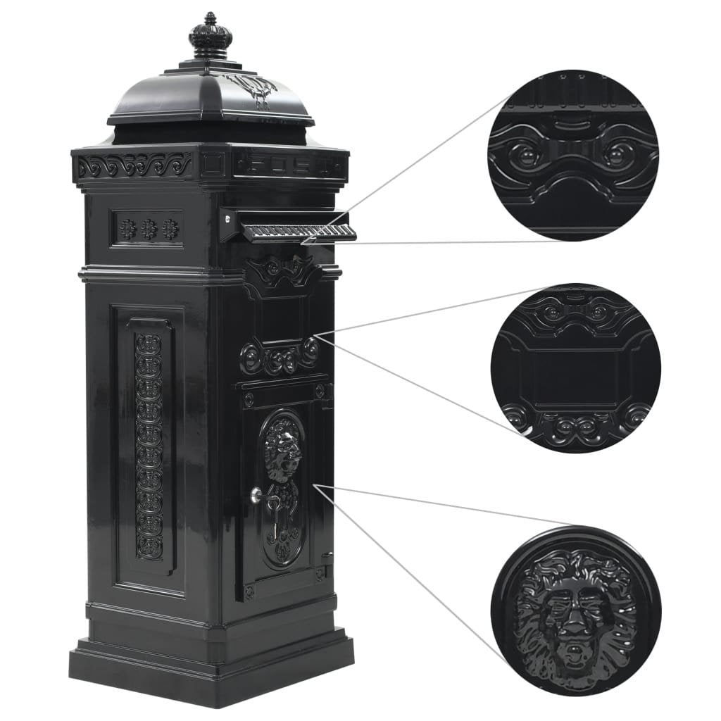 Walplus Pillar Letterbox Vintage Style Rustproof - Black - 35.5 x 32 x 102.5 cm