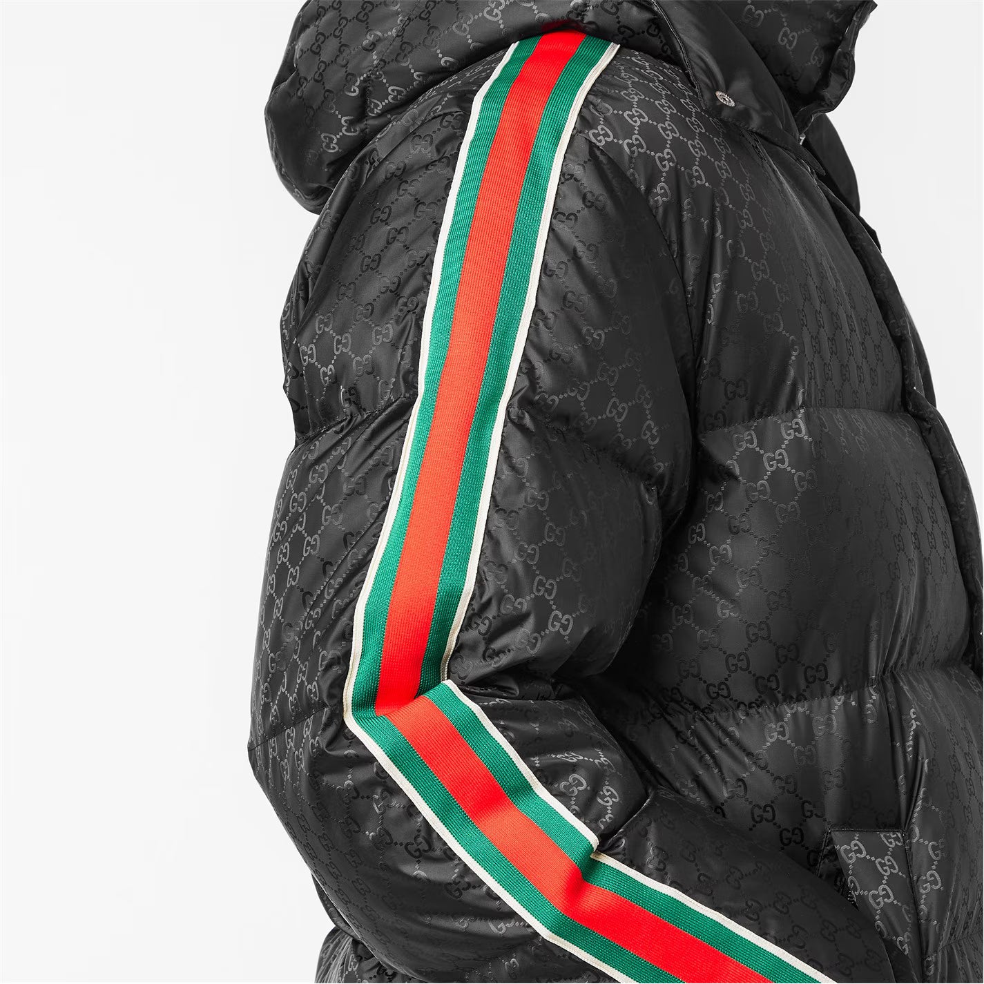 Men's GG Nylon Jacquard Web Long Sleeve Short Puffer Jacket