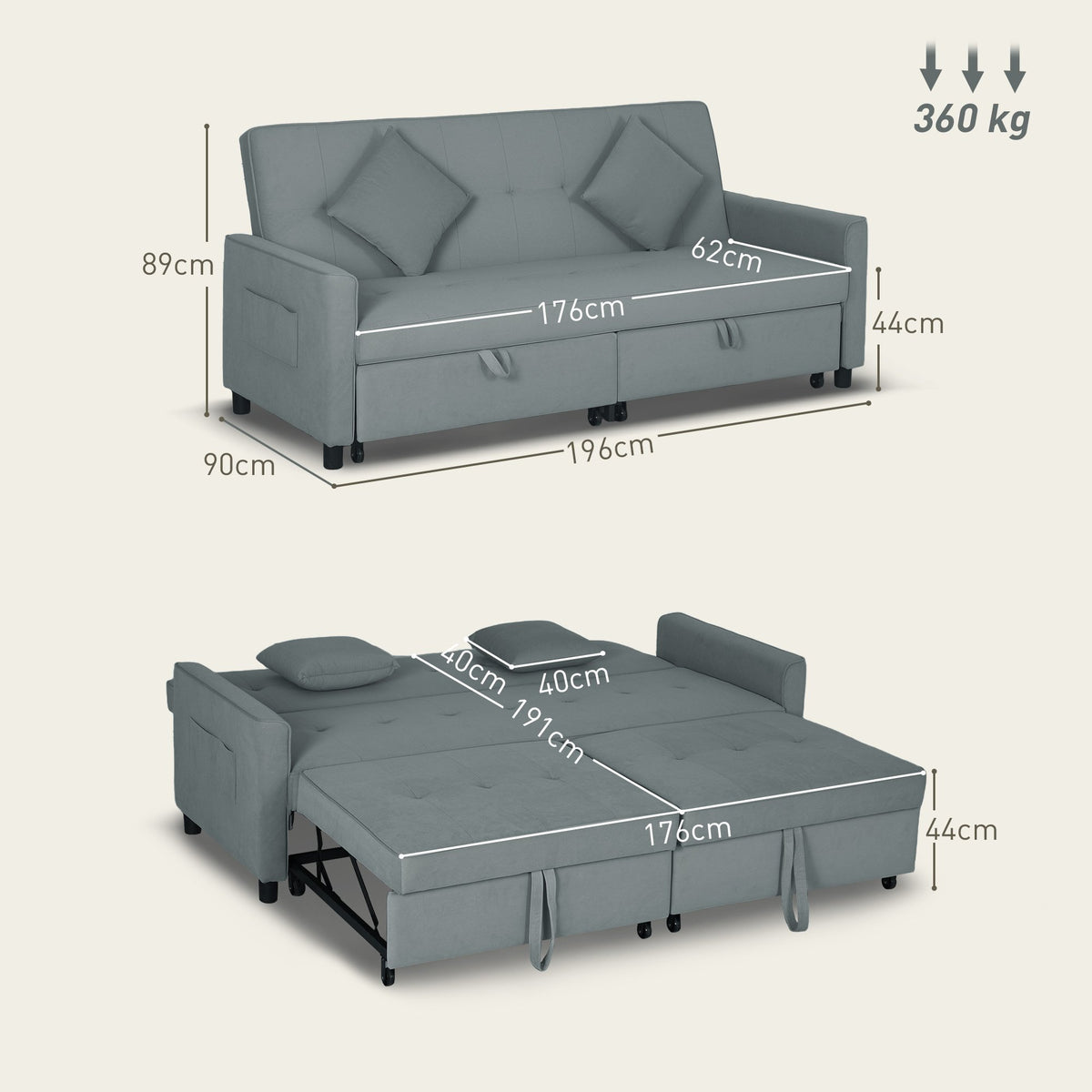 HOMCOM 3 Seater Fabric Sofa Bed with Pull Out Couch - Grey