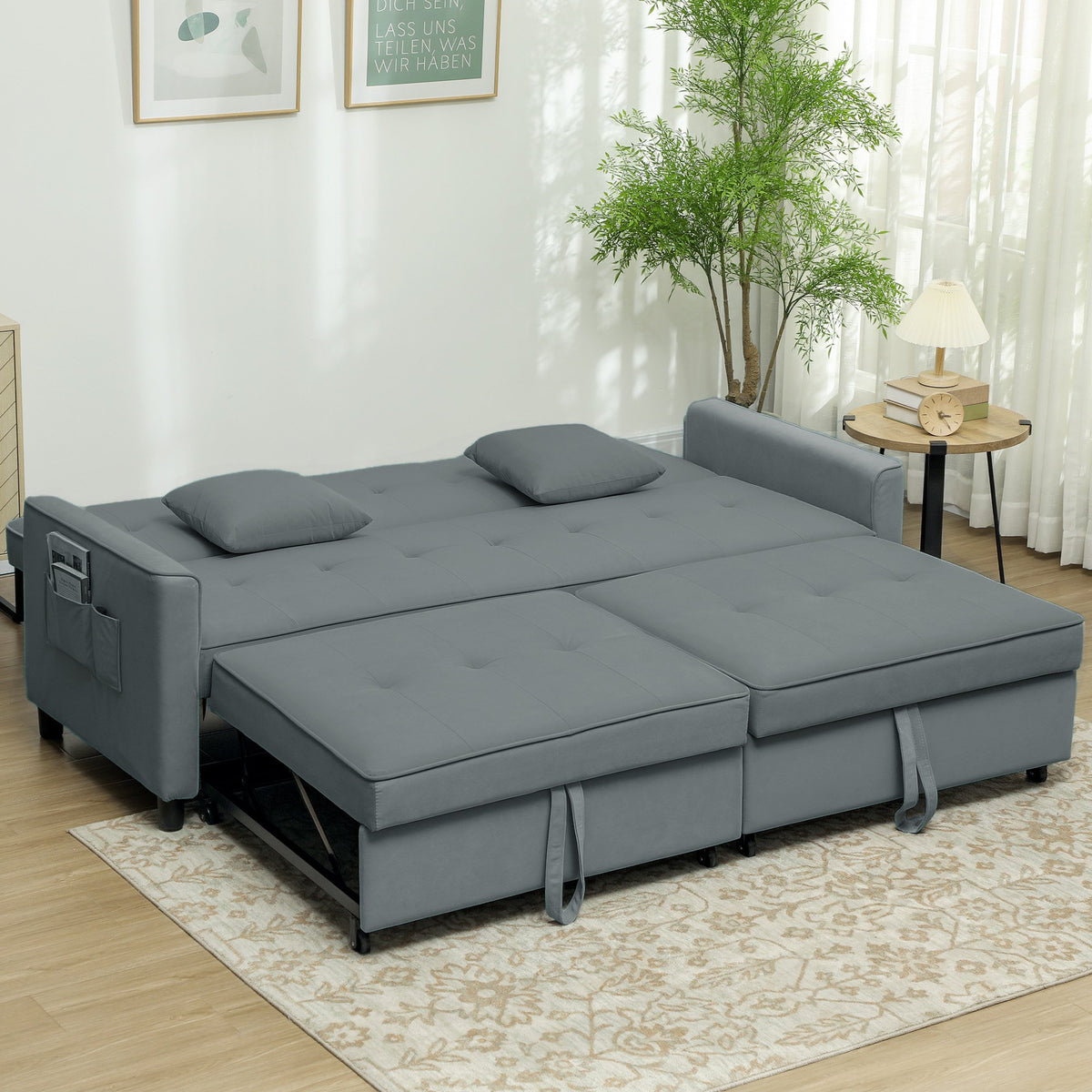 HOMCOM 3 Seater Fabric Sofa Bed with Pull Out Couch - Grey