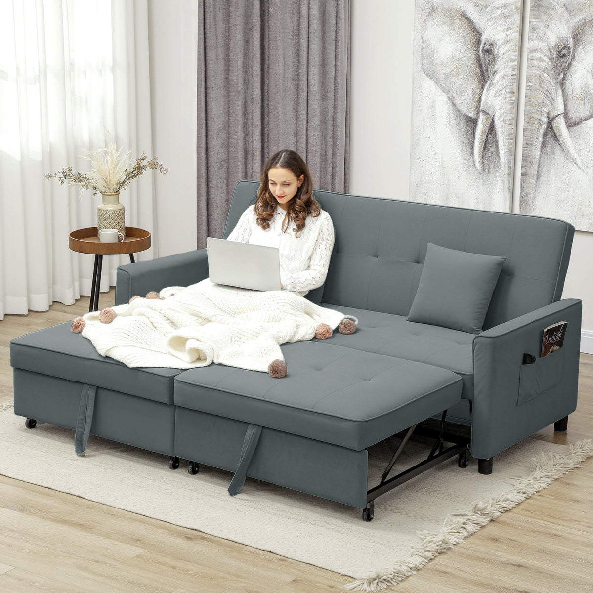 HOMCOM 3 Seater Fabric Sofa Bed with Pull Out Couch - Grey